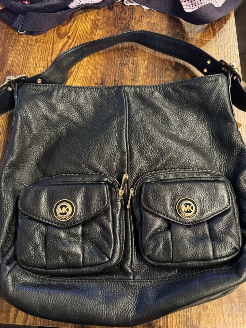 Michael Kors Black Leather Tote with Gold-Tone Interior Lining